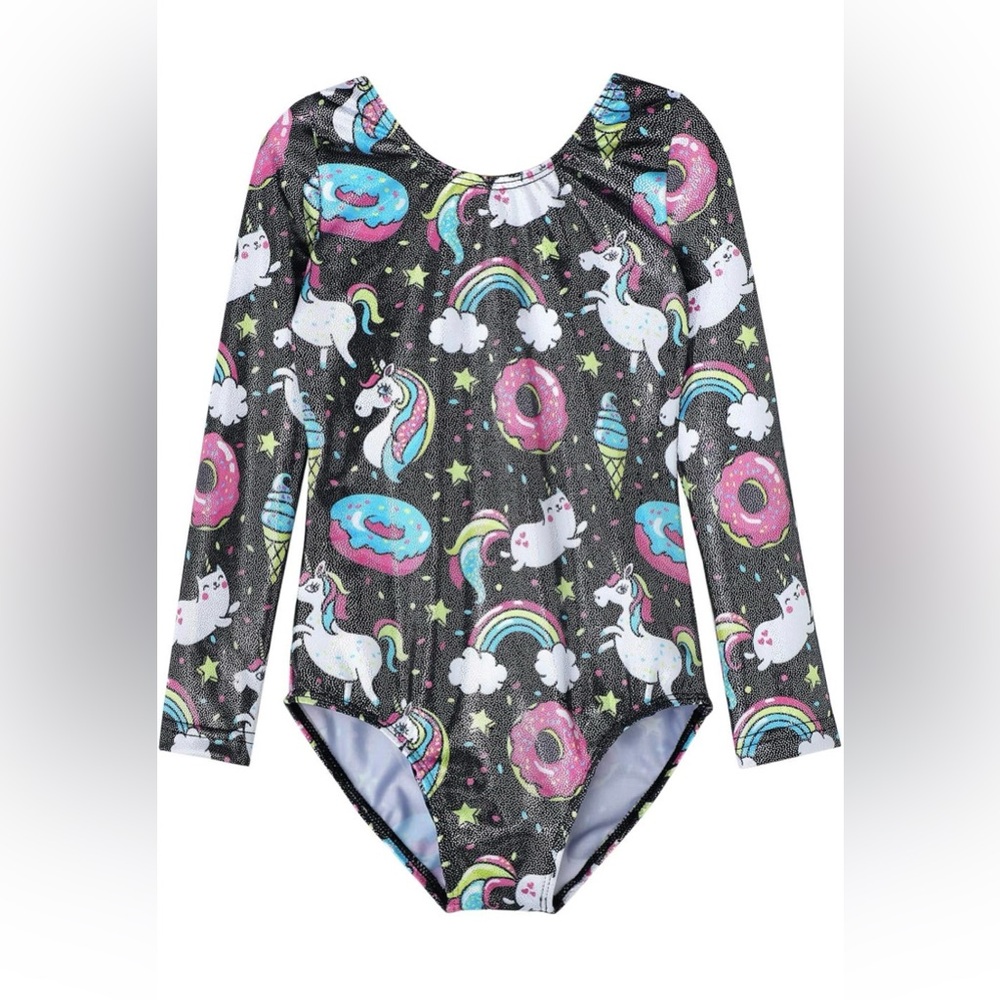 Unicorn Donut, Rainbow, Long Sleeve Girls, Dance, Gymnastics Leotard Size 140
